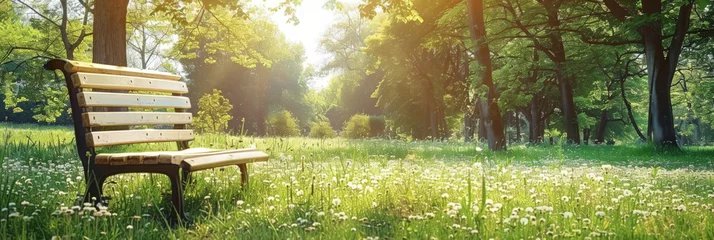 Foto op Plexiglas a park bench sitting in a sunny meadow, copy space, banner © Planetz