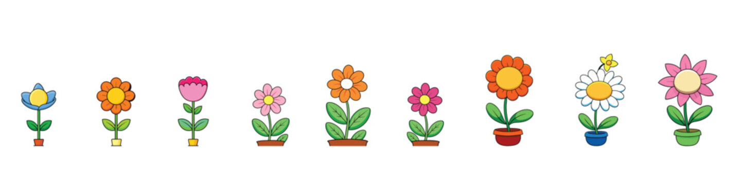 Flower icon set, Icon set of flower. Flower Icons for Pattern with White Background, Floral Decoration Branch Leaf Plant Line Stroke Icon,  beautiful colorful flowers.Flower collection with leaves, 