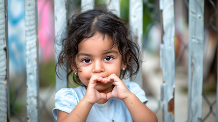 A genuine portrait of a little Hispanic girl, an adopted child, standing close to a grey fence
