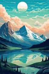 Landscape with Lake and Mountains. Illustration of Glacier Montana National Park. Hand-Drawn Vector Art Oil Painting Illustration in Anime Comic Art Style Background for Travel Poster, Banner, Flyer