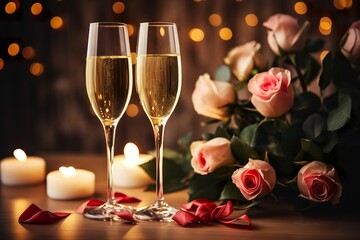 Two glasses of champagne on table with roses, champagne at celebration, champagne and roses on table