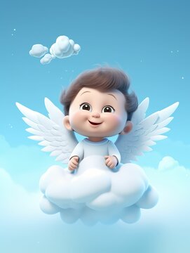 3D cute cartoon little angel with wings sitting on the clouds, little baby with wings sitting on the clouds