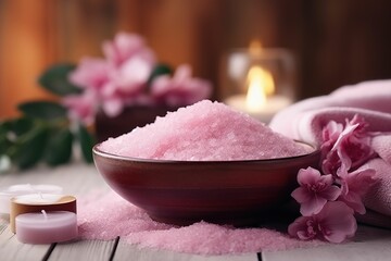 Obraz na płótnie Canvas Pink sakura salt bath and cherry blossoms, sea salt and cherry blossoms on the table, spa care, skin care, health，spa still life