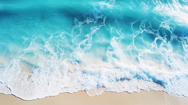 Blue waves on golden beach, top view of waves on coastline, summer beach waves background, colorful waves beach wallpaper, summer wallpaper