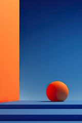 Orange 3D sphere on blue staircase lines background, orange sun in blue sky, colorful modern art wallpaper, modern art background