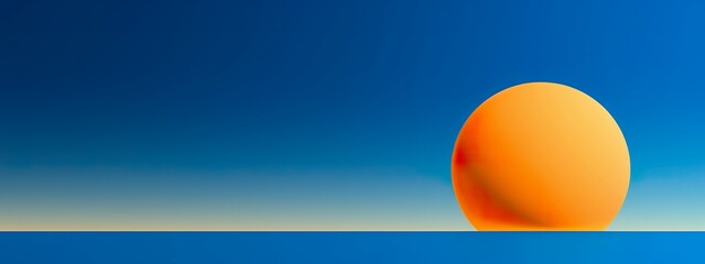 Orange 3D rendering sphere on blue lines background, orange sun in blue sky in modern art style, colorful modern art wallpaper, modern art background