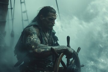 Pirate captain at the helm during a storm - obrazy, fototapety, plakaty