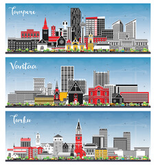 Vantaa, Turku and Tampere Finland city skyline set with color buildings and blue sky. Cityscape with landmarks.