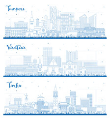 Obraz premium Outline Vantaa, Turku and Tampere Finland city skyline set with blue buildings. Cityscape with landmarks. Business travel and tourism concept with modern and historic architecture.