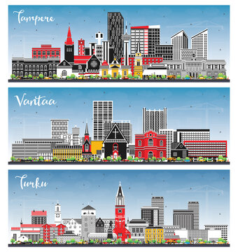 Vantaa, Turku and Tampere Finland city skyline set with color buildings and blue sky. Cityscape with landmarks.