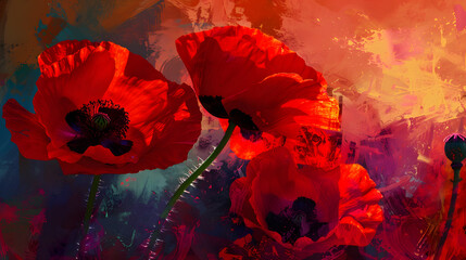 Poppy, flower in a field, red, blue, green, daylight, close-up, watercolor, painting, oil paint - obrazy, fototapety, plakaty