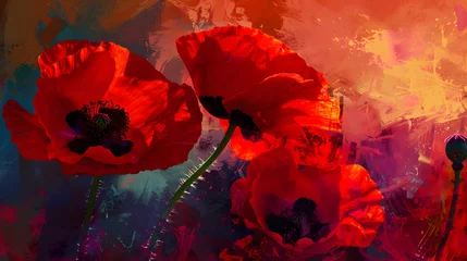 Gordijnen Poppy, flower in a field, red, blue, green, daylight, close-up, watercolor, painting, oil paint © SHOHIDGraphics