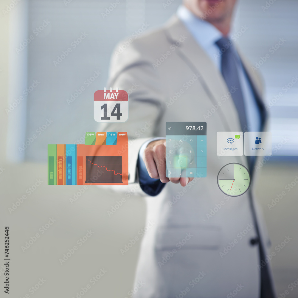 Poster Future, touch or hand of businessman with hologram or overlay for technology for growth statistics. 3d, financial or entrepreneur with touchscreen for calculator, database or enterprise information