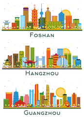Hangzhou, Guangzhou and Foshan China city Skyline set with Color Buildings isolated on white. Cityscape with Landmarks.
