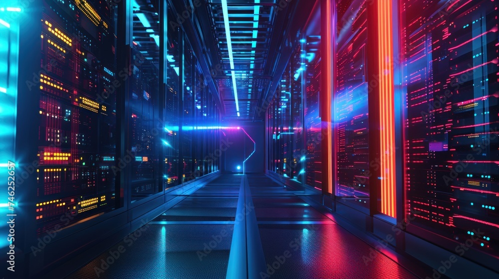 Poster abstract data center network system. server racks in server room data center .computer network secur