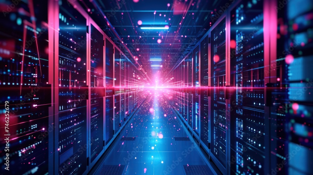 Poster abstract data center network system. server racks in server room data center .computer network secur
