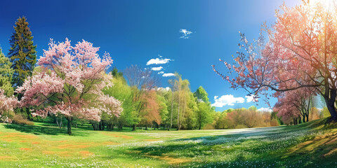 beautiful spring day panorama background,landscape  Meadow with blue sky and green grass, blossoming cherry trees, white and pink spring daisy flowers  ,banner 