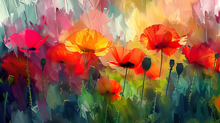 Poppy, flower in a field, red, blue, green, daylight, close-up, watercolor, painting, oil paint - obrazy, fototapety, plakaty