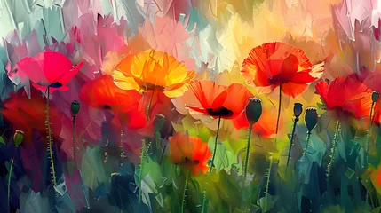 Foto op Plexiglas Poppy, flower in a field, red, blue, green, daylight, close-up, watercolor, painting, oil paint © SHOHIDGraphics