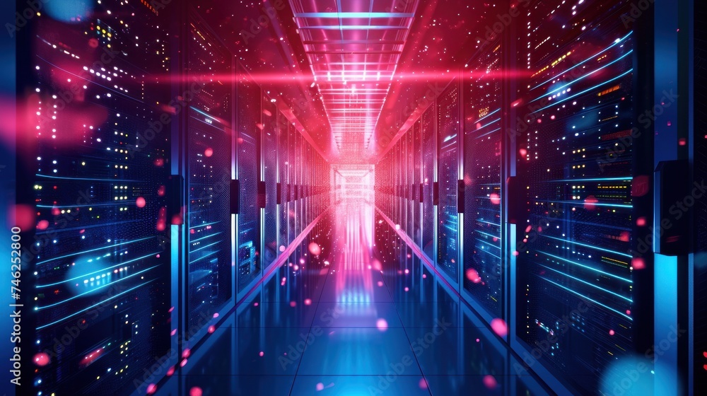 Poster abstract data center network system. server racks in server room data center .computer network secur