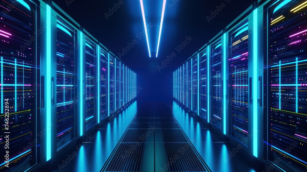 Poster abstract data center network system. server racks in server room data center .computer network secur