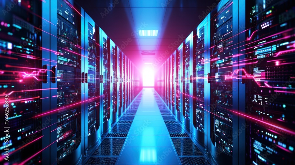 Poster abstract data center network system. server racks in server room data center .computer network secur