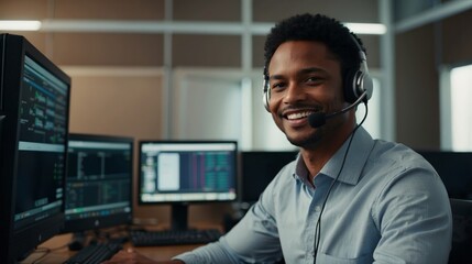 Smiling black african american customer service representative wearing headset. Call center operator agent working indoor office - obrazy, fototapety, plakaty