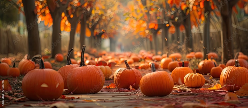 Poster a collection of pumpkins lying on the ground, varying in shape, size, and color. the pumpkins are pl