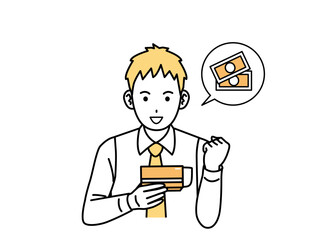 通帳を見て喜ぶ若い会社員の男性のイラスト