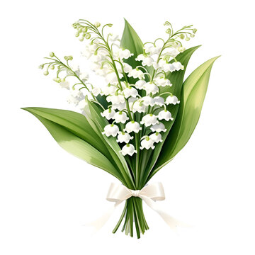 Spring bouquet of white lily of the valley flowers and green leaves tied with white ribbon. Image isolated on a white background. For Mother's Day cards, birthday cards, wedding invitations