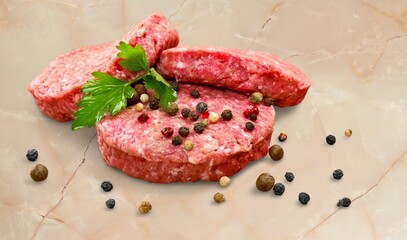Raw red beef steak with herbs