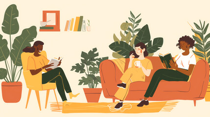 Fototapeta premium Cozy visuals of people immersed in books while sipping on coffee, tea, or hot chocolate