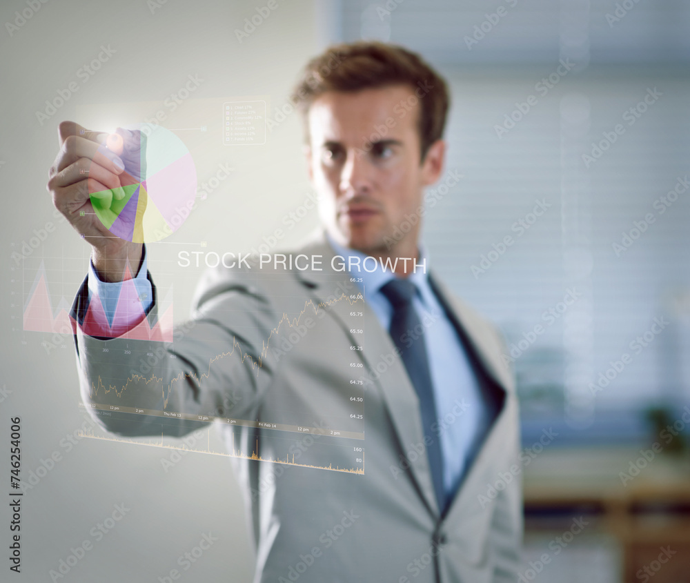 Poster Businessman, data and hand writing on screen with statistics for stock market. Interface, tech and professional trader with pen on graphs for finance, analysis and investment on overlay in office