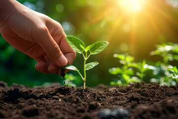 Hand Planting Seedling in a Garden with Sunshine: Symbolizing Growth, Success, and Innovation