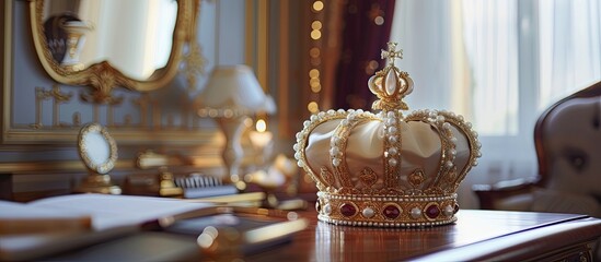 A regal crown is elegantly placed atop a wooden table, adding a touch of sophistication to the classic study space. The intricate design of the crown brooch complements the timeless beauty of the