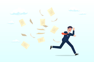 Fearful businessman runaway from paperwork, overwhelmed or work overload, exhausted and anxiety, stressed and tired from problem and trouble, panic attack or shocked, burnout and depression (Vector)