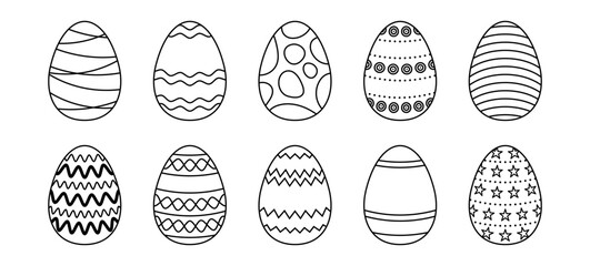 Black and white Easter eggs collection. Spring linear egg icon set with different ornaments. Doodle style Easter illustration pack for banner, poster, card, invitation, print, stickers. Vector bundle