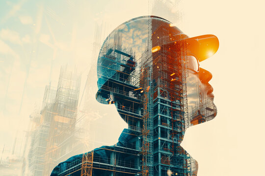 Engineering of building construction depicted with a double exposure graphic design. Featuring building engineers, architects, or construction workers