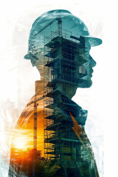 Engineering of building construction depicted with a double exposure graphic design. Featuring building engineers, architects, or construction workers