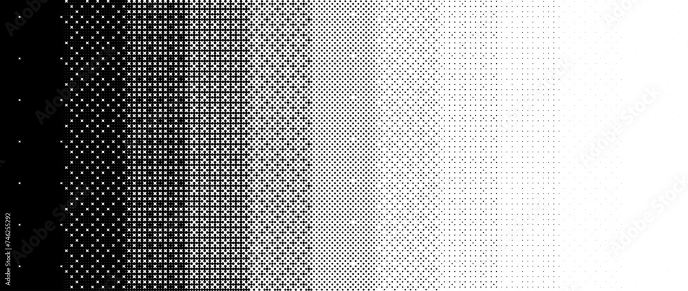 Poster Pixelated gradient texture. Black dithered gradation background. Retro bitmap video game wallpaper. Halftone 8 bit overlay. Vintage rectangle pixel art print. Vector striped fading backdrop