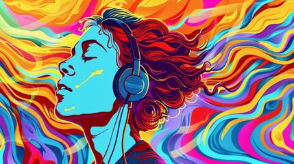 Hearing aid user enjoying a pop art music concert colorful sound waves