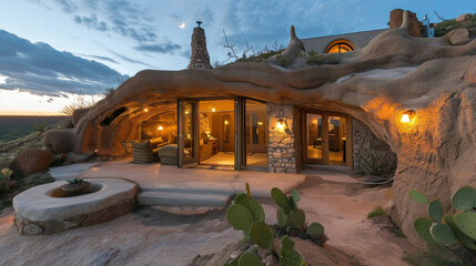 Designed to blend into the rugged desert terrain this underground home offers a cool and comfortable retreat from the harsh climate above ground. The natural materials used