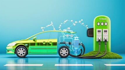 Electric Car Charging, environmental alternative energy concept. 3D illustration.