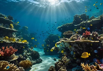 Rolgordijnen coral reef and diver © Abdullah