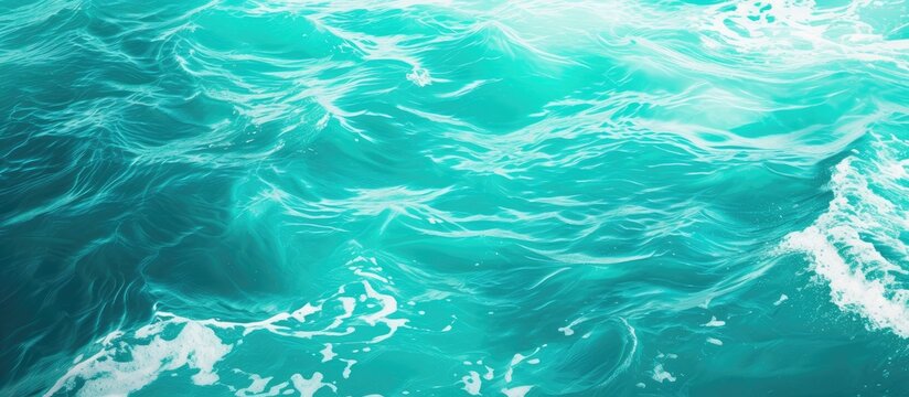A photo showcasing a large body of water in a vintage cool cyan color, with clean and fresh waves that display various shades of blue and green.