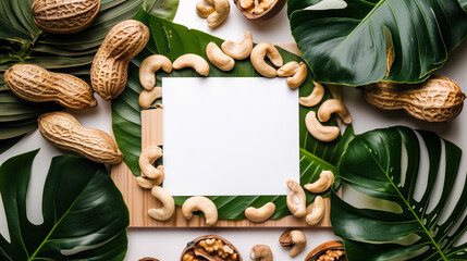 Cashew background with white board in the middle - obrazy, fototapety, plakaty