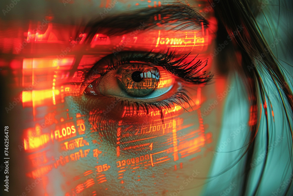 Poster close-up of a womans eye reflecting abstract digital data patterns