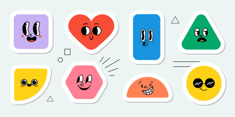 Vector geometric stickers with different facial emotions. Cute cartoon characters.