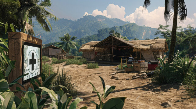 The image of a remote village on a VR screen where EMS trainees are learning how to successfully implement first aid and basic life support in areas with limited resources.