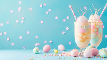 Colorful pastel colored kids Easter party mocktails, Creamy and iced non-alcohol drinks with cotton...